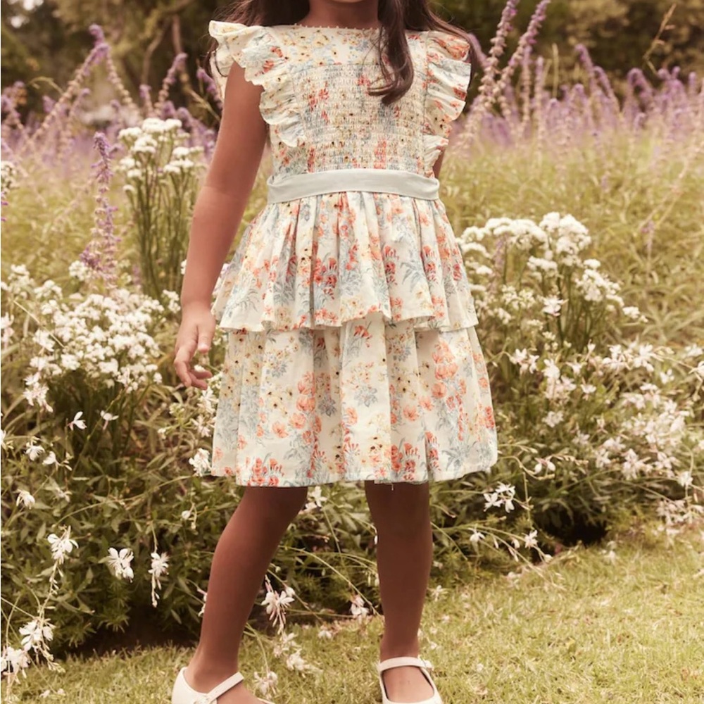 Laura Ashley Floral Cotton Tiered Dress - Cream and Orange, Size 12-18M